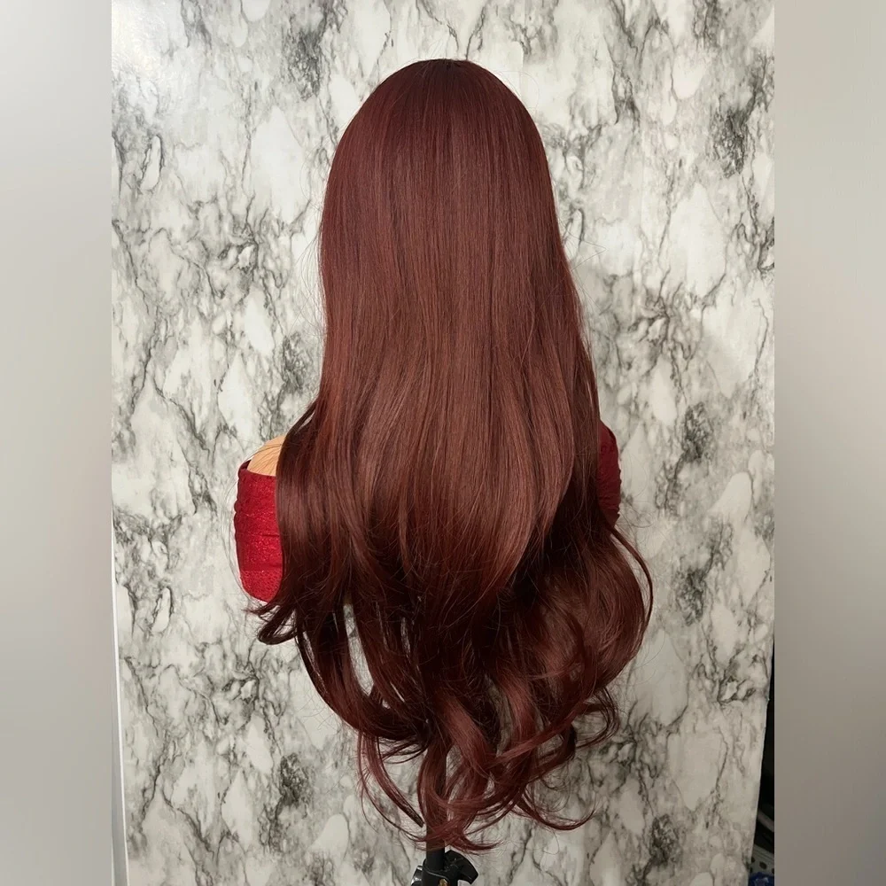 Long Wine Red Wig with Bangs Wavy Layered Synthetic Wig